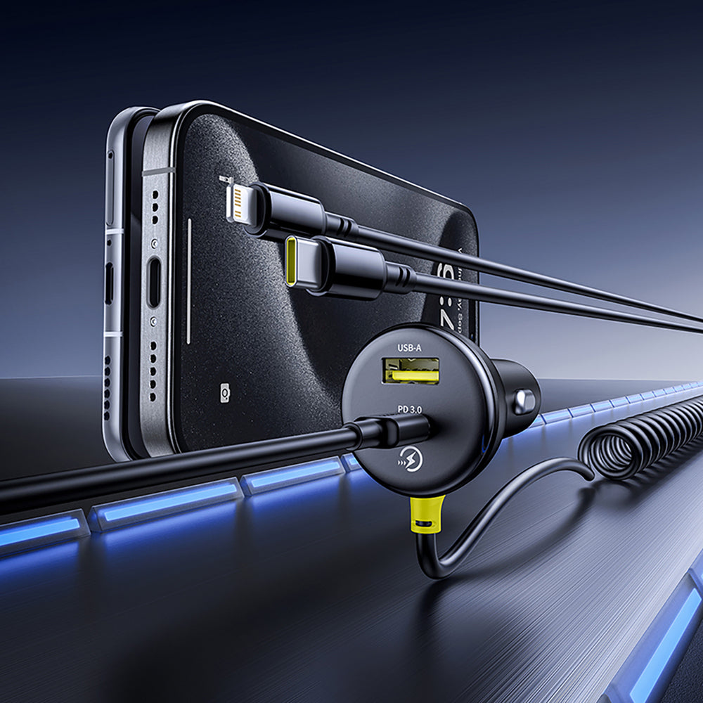 Baseus Circular 60W USB-A + USB-C Car Charger with Built-in Lightning + USB-C Cable 1.4m - Black