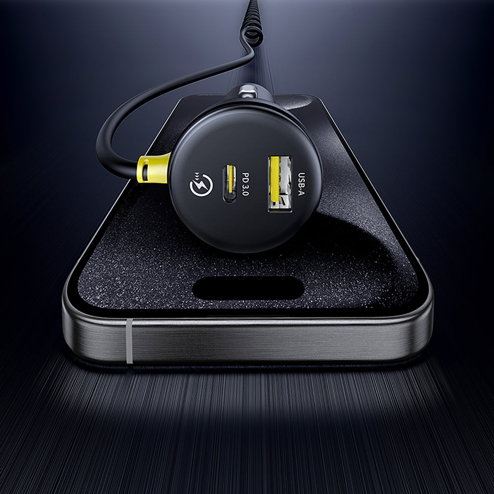Baseus Circular 60W USB-A + USB-C Car Charger with Built-in Lightning + USB-C Cable 1.4m - Black