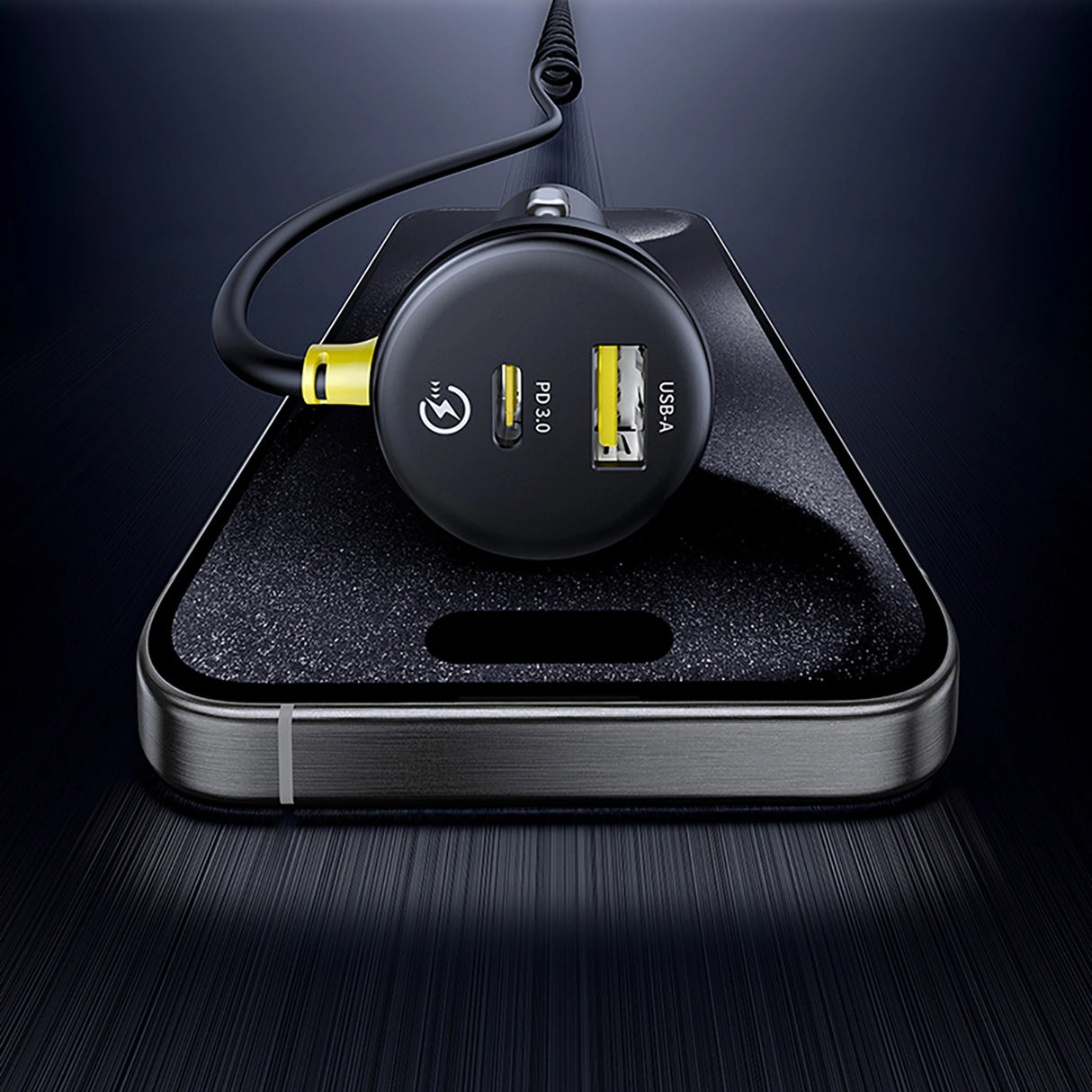 Baseus Circular 60W USB-A + USB-C Biloplader med indbygget Lightning + USB-C Kabel 1,4 m - sort