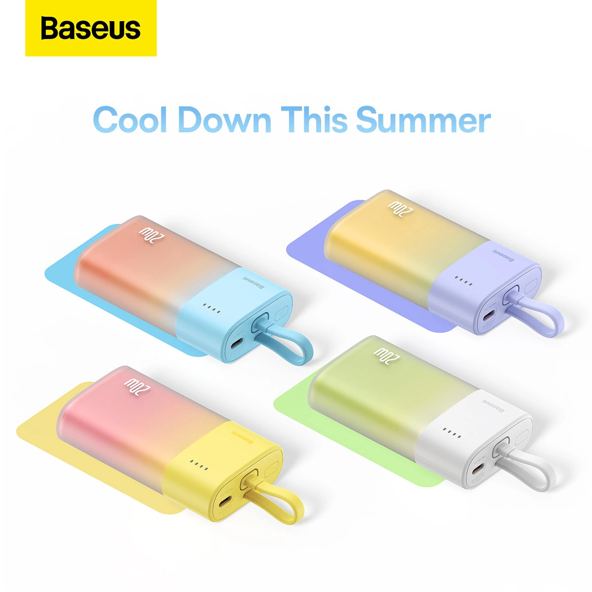 Baseus Popsicle 5200mAh 20W Powerbank med indbygget lynkabel (+ hvid Baseus Simple USB-C - USB-C 60W / 20V / 3A / 30cm kabel) - Blå-Orange