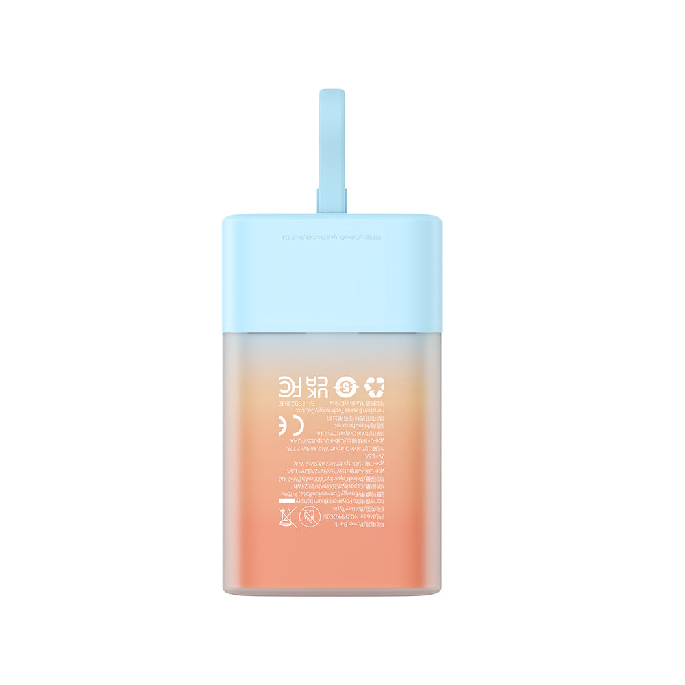 Baseus Popsicle 5200mAh 20W Powerbank with Built-in Lightning Cable (+ White Baseus Simple USB-C - USB-C 60W/20V/3A/30cm Cable) - Blue-Orange