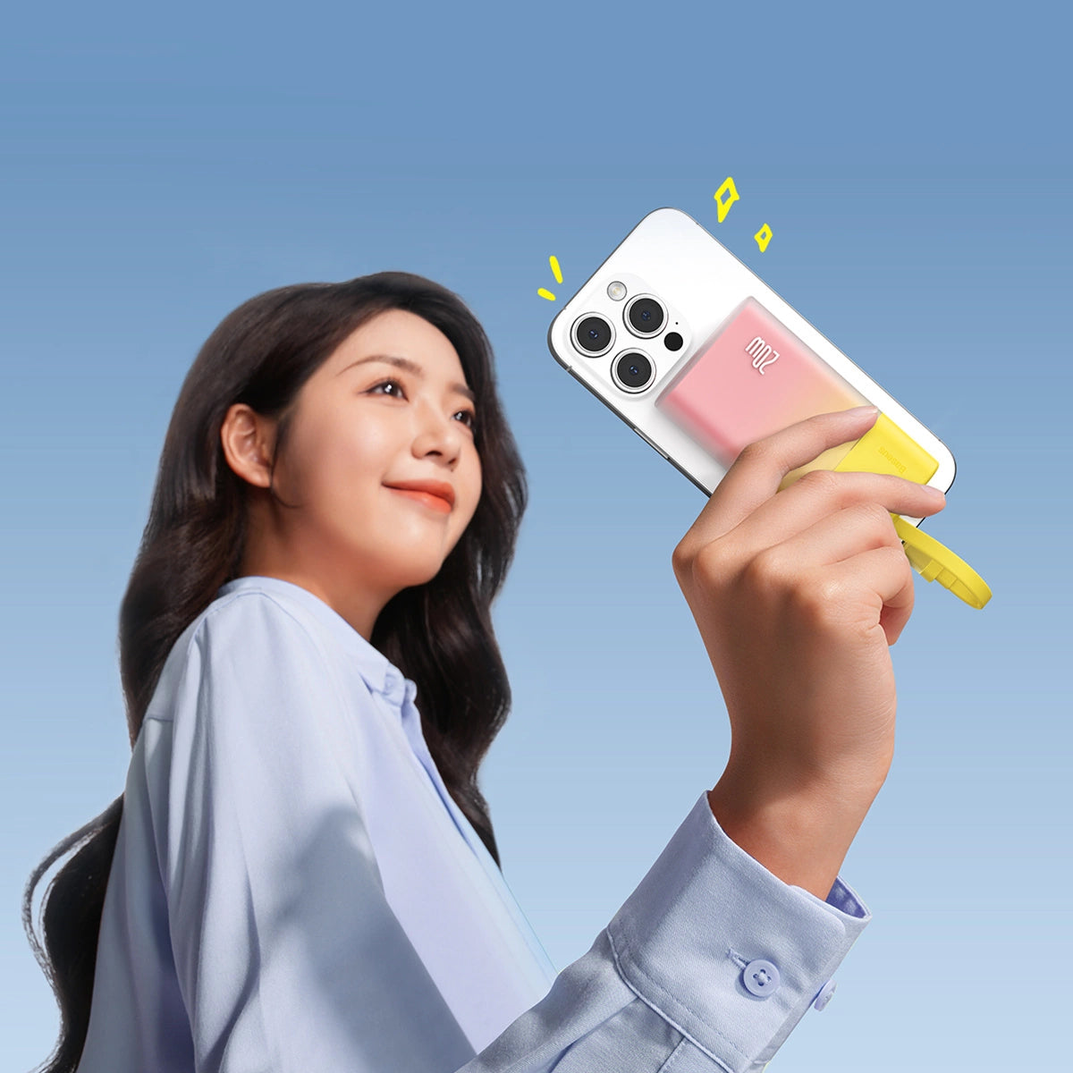 Baseus Popsicle 5200mAh 20W Powerbank med indbygget lynkabel (+ hvid Baseus Simple USB-C - USB-C 60W / 20V / 3A / 30cm kabel) - gul-rosa