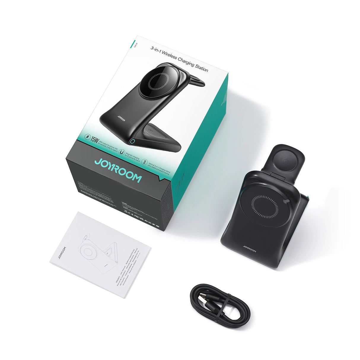 Joyroom JR-W15 trådløs oplader 3 i 1 opladningsplads med MagSafe - sort