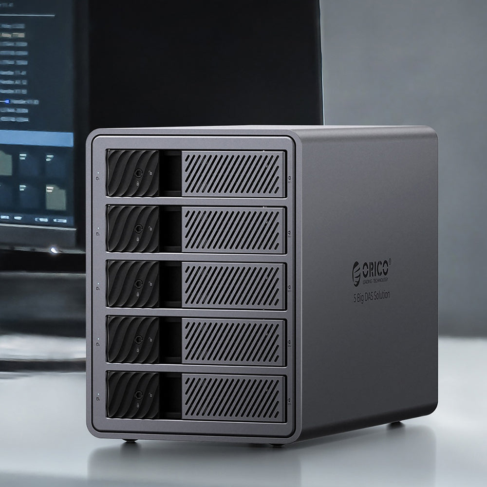 Orico 9858T3 5 Big DAS Solution ProThunder Disk Array med Thunderbolt 3 til 5 x 2,5"/3,5" SATA HDD/SSD - Grå