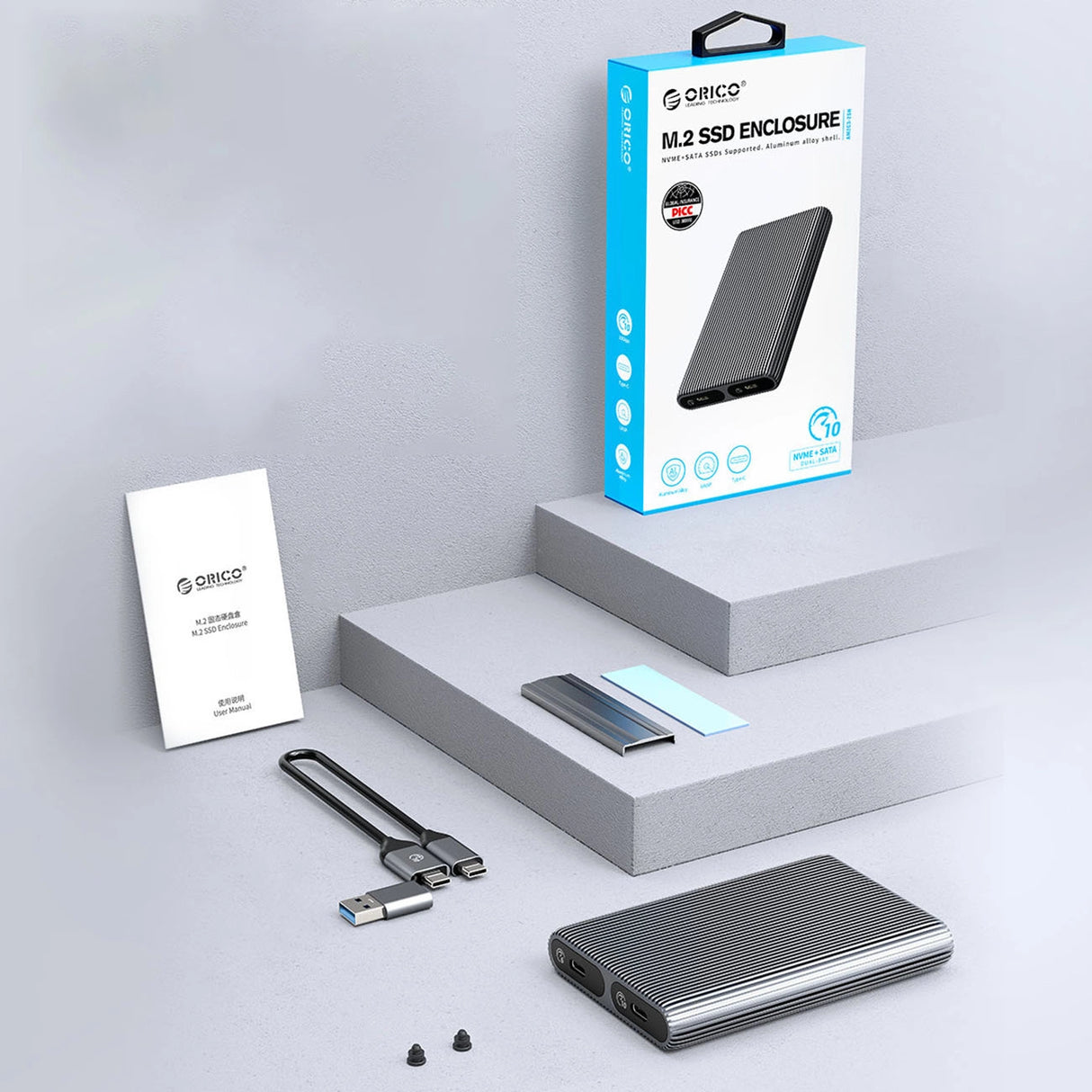 Orico AM2C3-2N Dual Disk Caddy til to M.2 NVME USB-C 3.2 10Gb/s drev - Grå