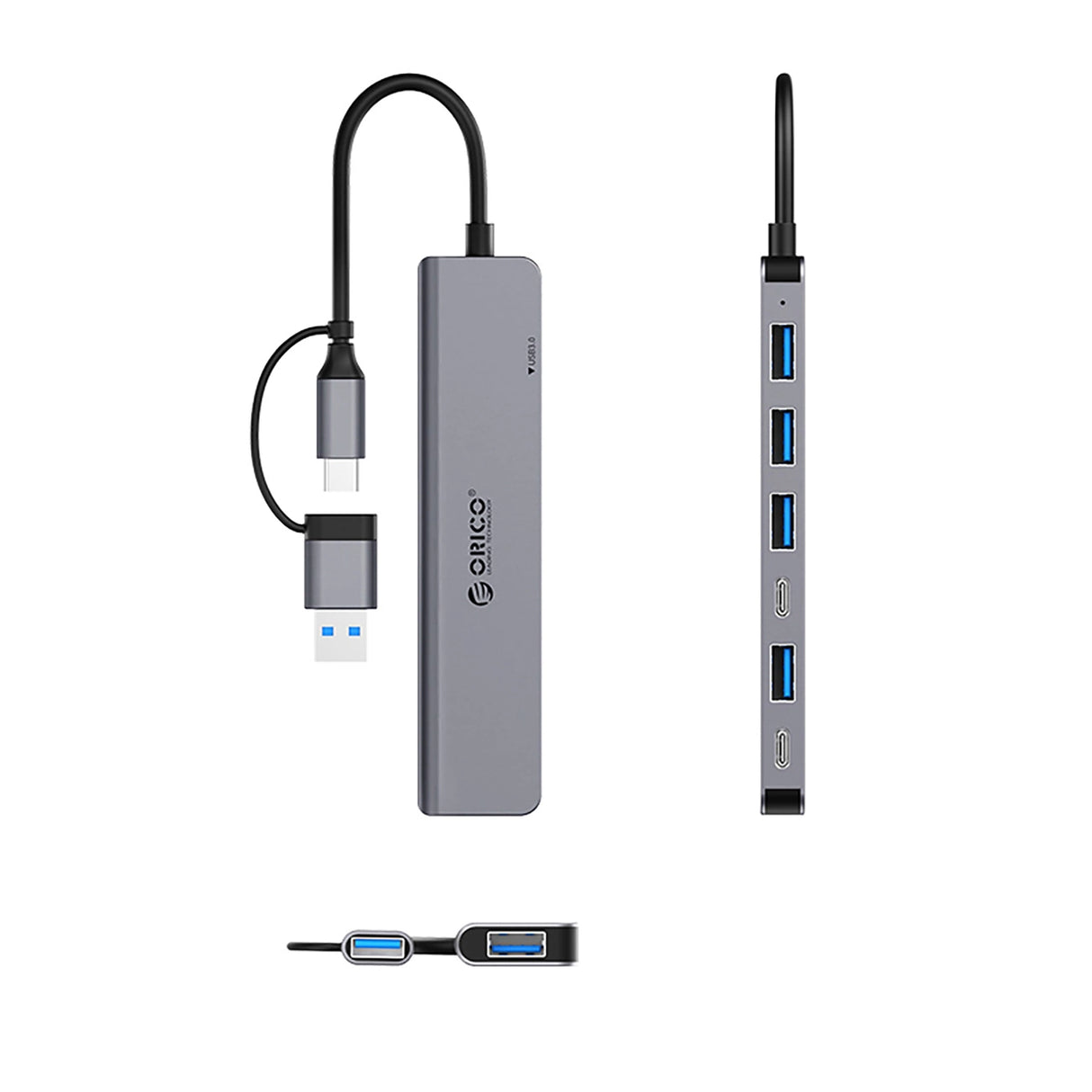 Orico YSA7-U3 USB-A/USB-C Hub Docking Station 4x USB-A 2.0 + 1x USB-A 3.0 + 2x USB-C 2.0 - Grå