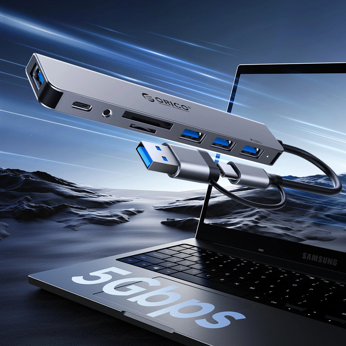 Orico YSA8-U3 USB-A/USB-C Hub Docking Station 3x USB-A 2.0 + 1x USB-A 3.0 + 1x USB-C 2.0 + 1x 3.5mm Audio + 2x TF&SD - Grå