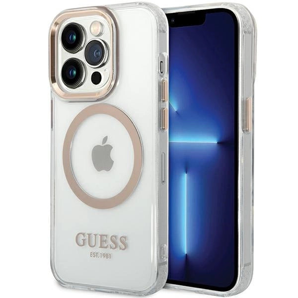 Guess Metal Outline MagSafe-hylster til iPhone 15 Pro - guld