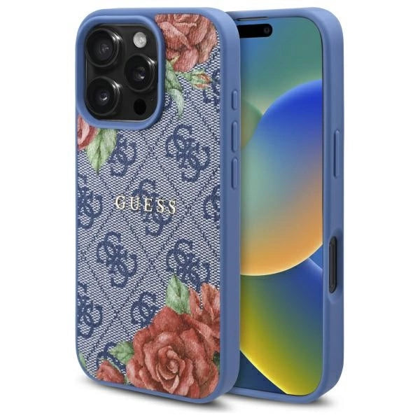 Guess 4G Flowers Print MagSafe-hylster til iPhone 16 Pro - blå
