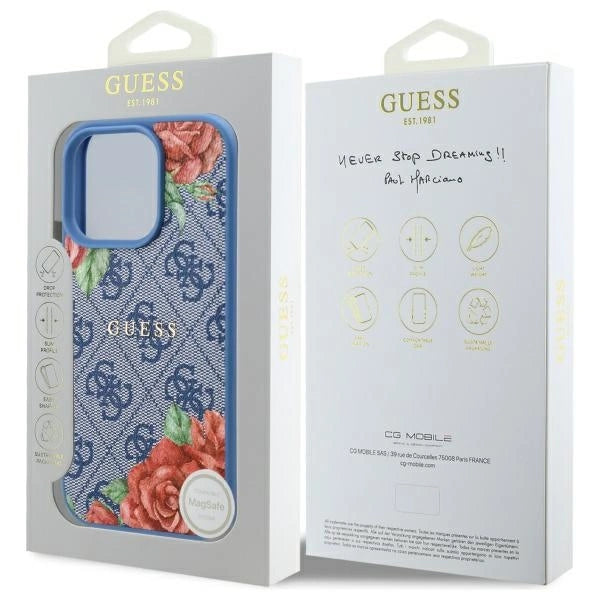 Guess 4G Flowers Print MagSafe-hylster til iPhone 16 Pro - blå