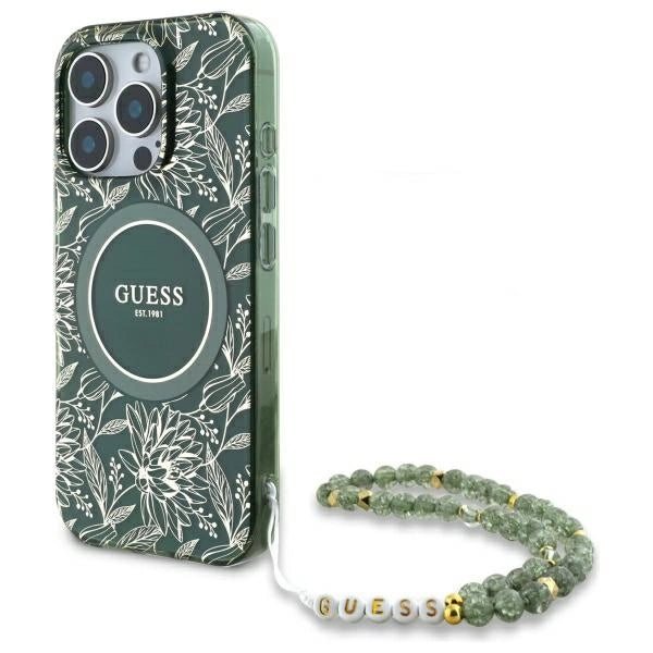 Guess IML Flowers Allover Electro med Perle Strap MagSafe-foder for iPhone 16 Pro Max - grøn