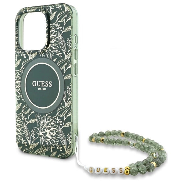Guess IML Flowers Allover Electro med Perle Strap MagSafe-foder for iPhone 16 Pro Max - grøn