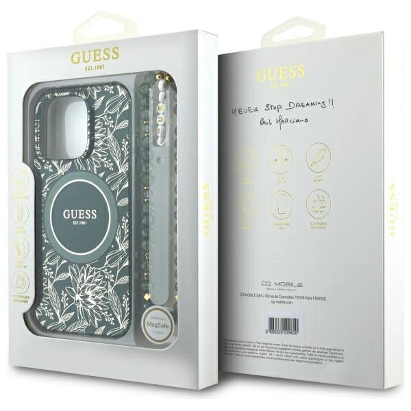 Guess IML Flowers Allover Electro med Perle Strap MagSafe-foder for iPhone 16 Pro Max - grøn