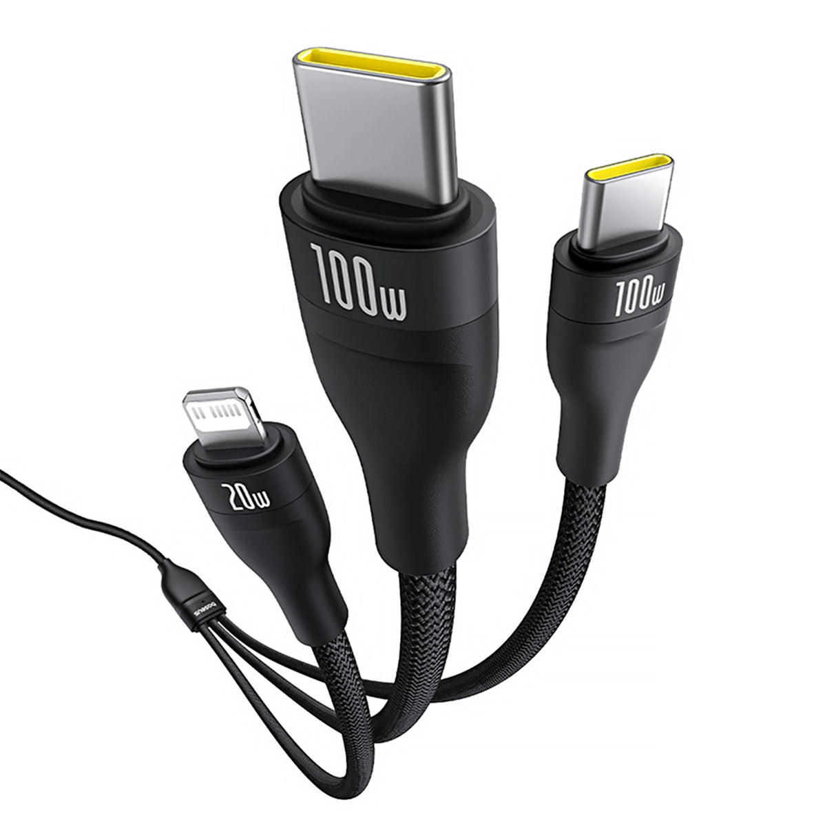 Baseus Flash Series 3 3in1 kabel 100W USB-C - USB-C + USB-C + Lightning 1,5 m + 3 x 0,25 m - sort