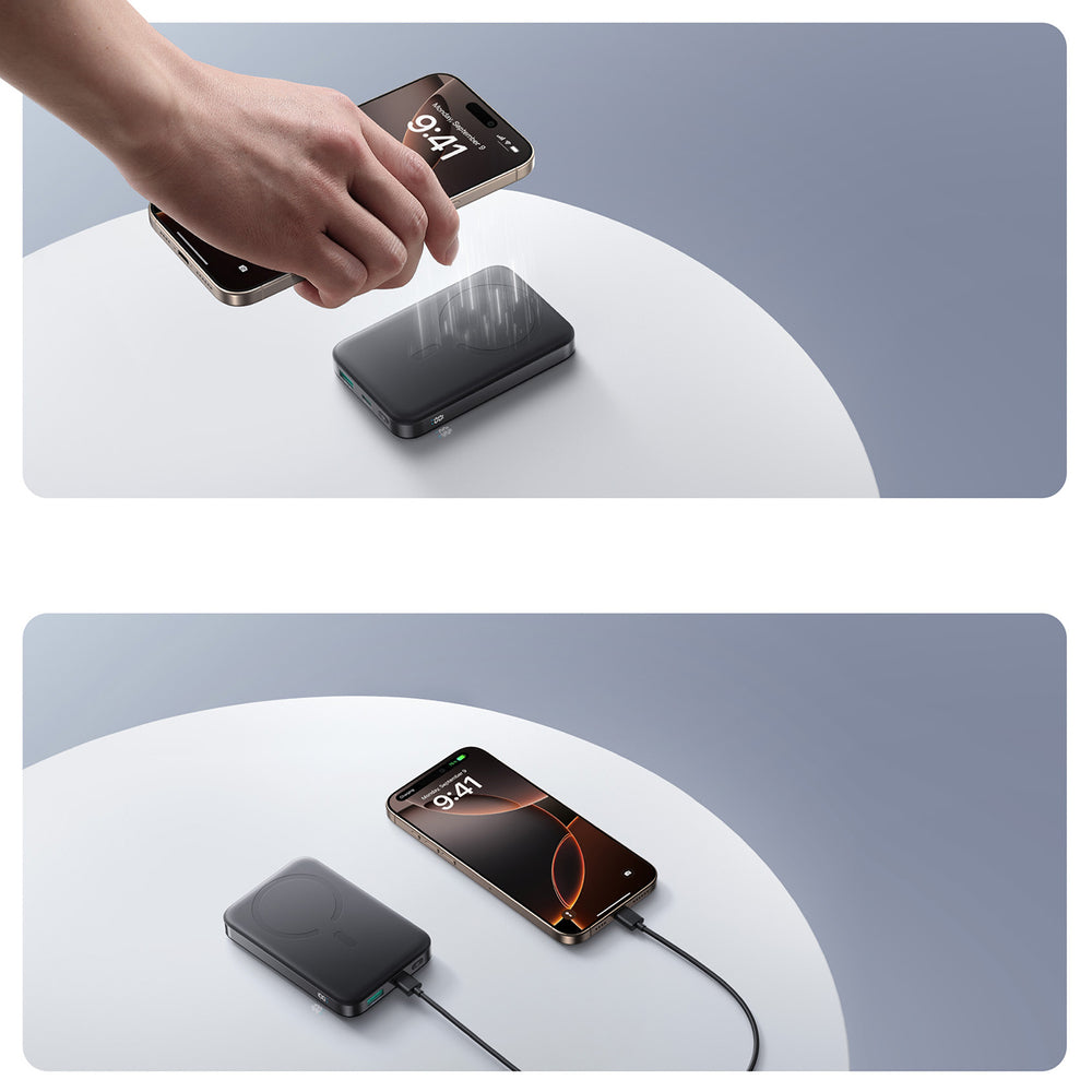 Joyroom JR-PBM12 Power Bank 10000mAh 22,5W MagSafe Kompatibel, 15W trådløs opladning, med ringbase - sort
