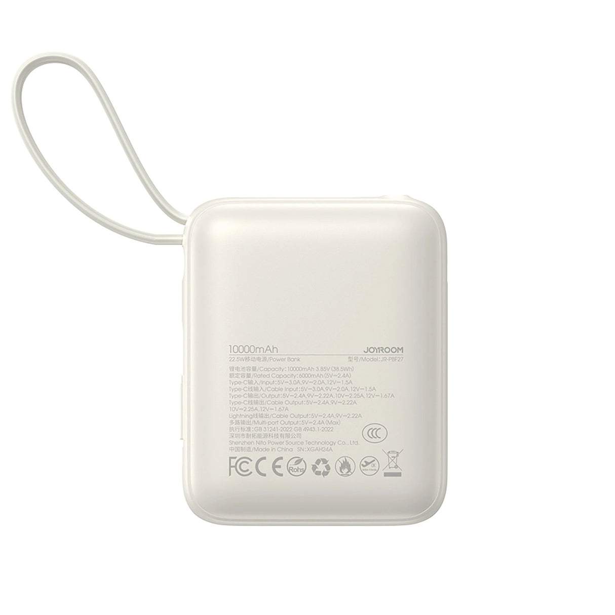 Joyroom JR-PBF27 10000mAh 22.5W Powerbank med indbygget USB-C og Lightning-kabler - hvid