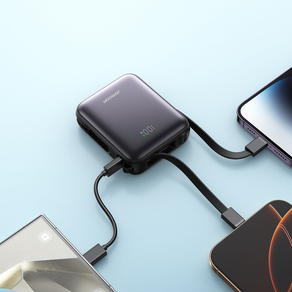 Joyroom JR-PBF27 10000mAh 22.5W Powerbank med indbygget USB-C og Lightning Kabler - sort