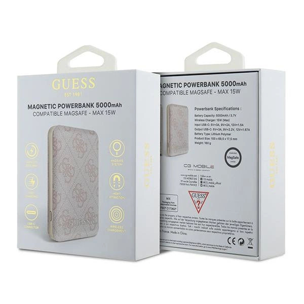 Guess Powerbank induktiv 15W GUPB5FP4EMGP 5000mAh pink/pink 4G Læder Metal Logo MagSafe