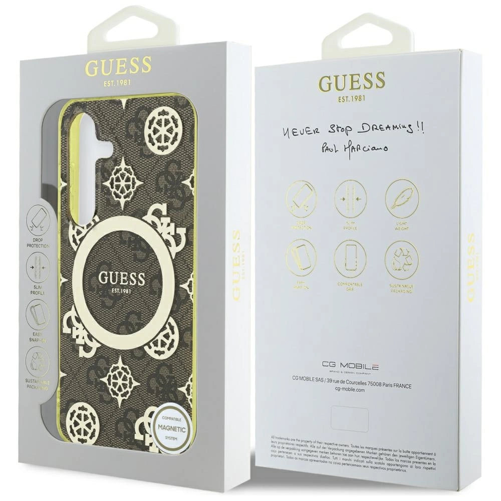 Guess 4G Baggrund Guld Elektrobelagt Peony mønster MagSafe-hylster til Samsung Galaxy S25 brun