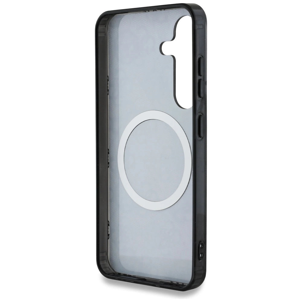 Guess 4G Baggrund Guld Elektrobelagt Peony mønster MagSafe-hylster til Samsung Galaxy S25 sort