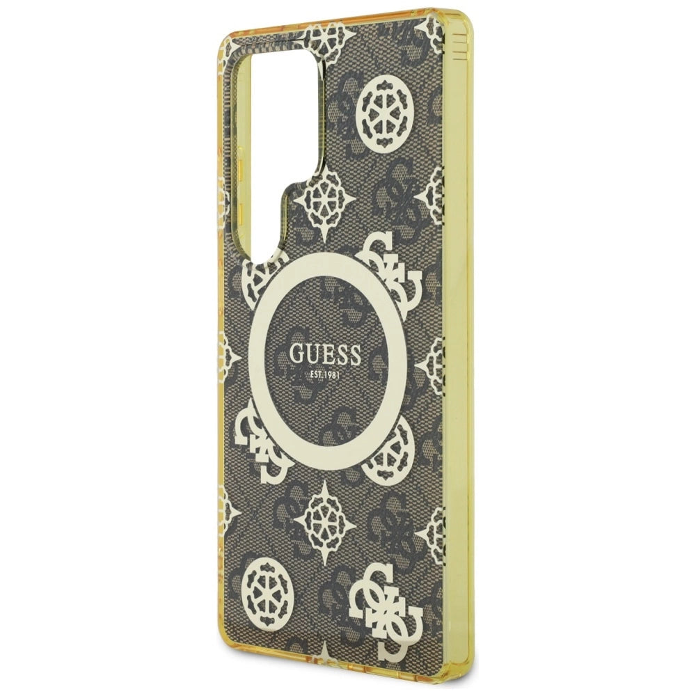 Guess 4G Baggrund Guld Elektrobelagt Peony mønster MagSafe Case til Samsung Galaxy S25 Ultra Brown