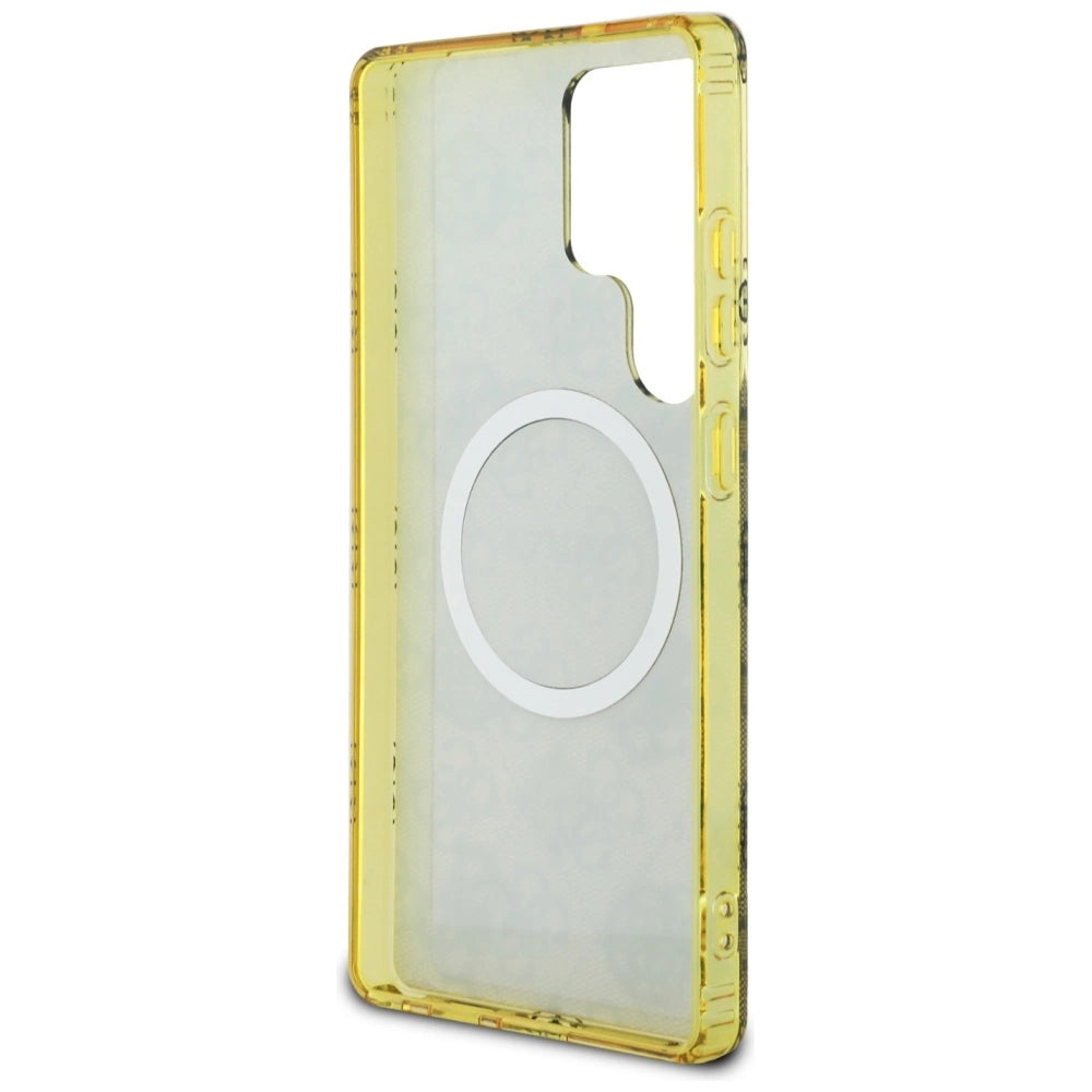 Guess 4G Baggrund Guld Elektrobelagt Peony mønster MagSafe Case til Samsung Galaxy S25 Ultra Brown