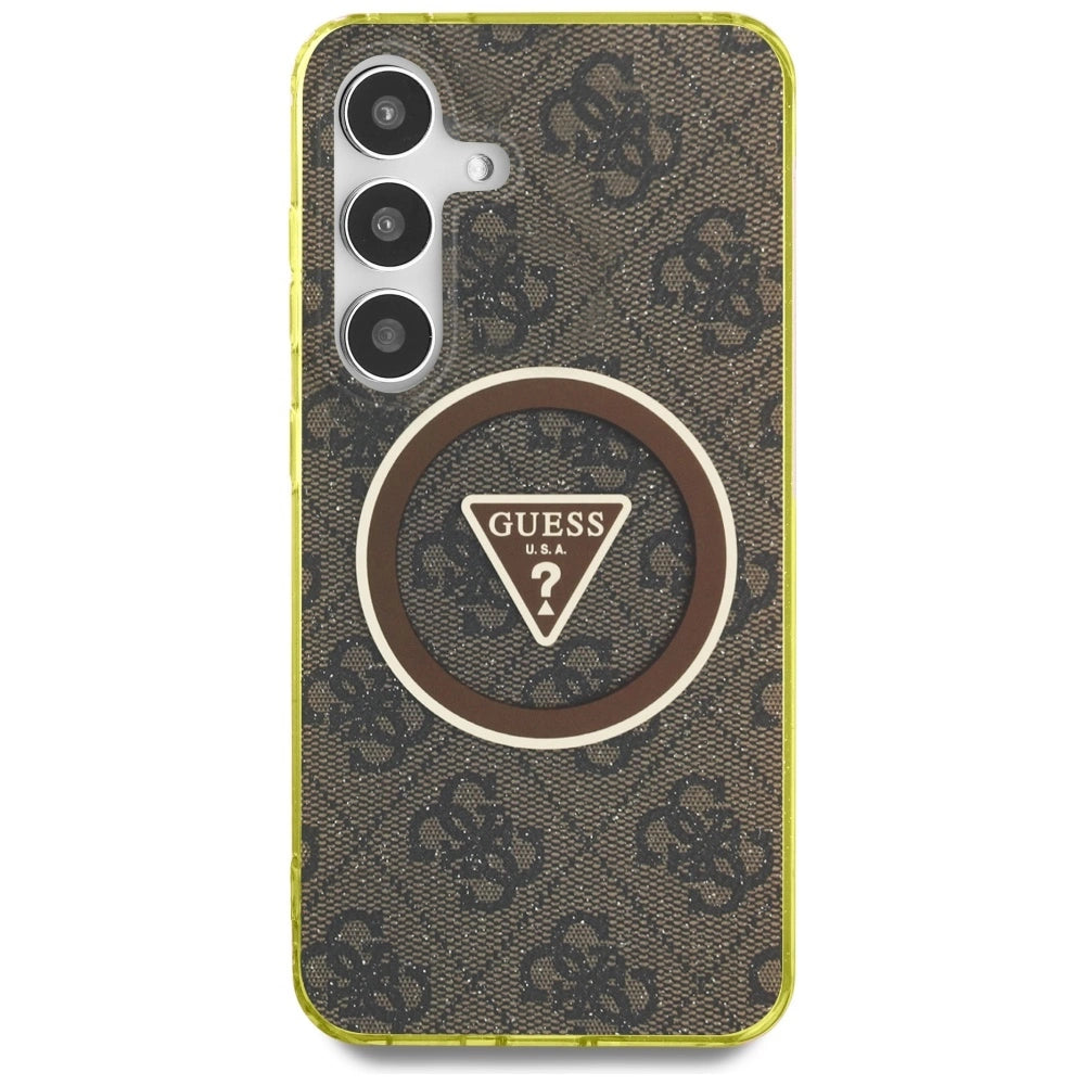 Guess 4G Glitter Triangle Buttons MagSafe Case for Samsung Galaxy S25 Brown
