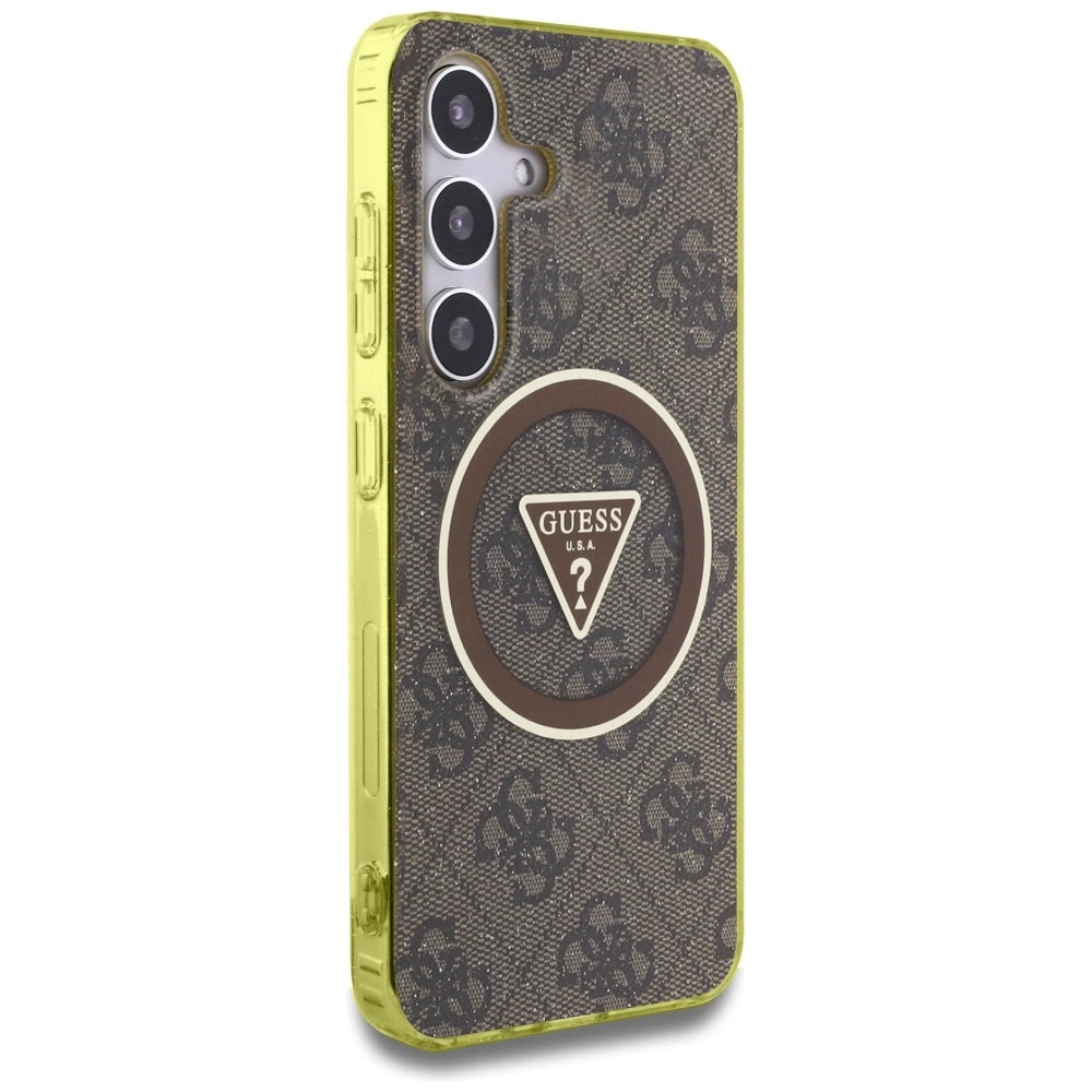 Guess 4G Glitter Triangle Buttons MagSafe Case for Samsung Galaxy S25 Brown