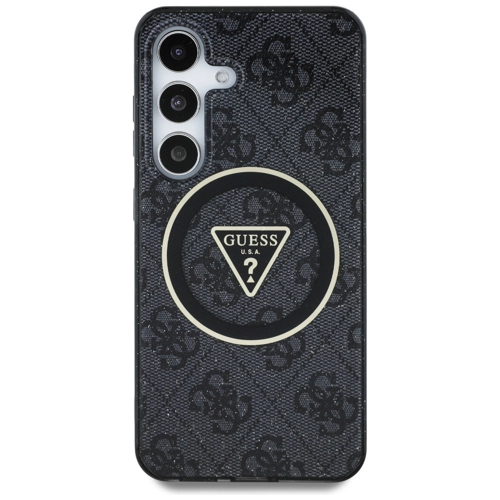 Guess 4G Glitter Triangle Buttons MagSafe Case for Samsung Galaxy S25 Plus Black