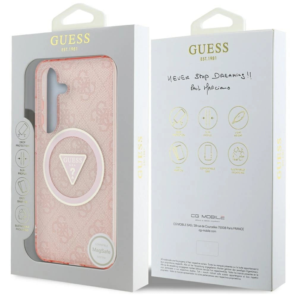 Guess 4G Glitter Triangle Buttons MagSafe Case til Samsung Galaxy S25 Pink
