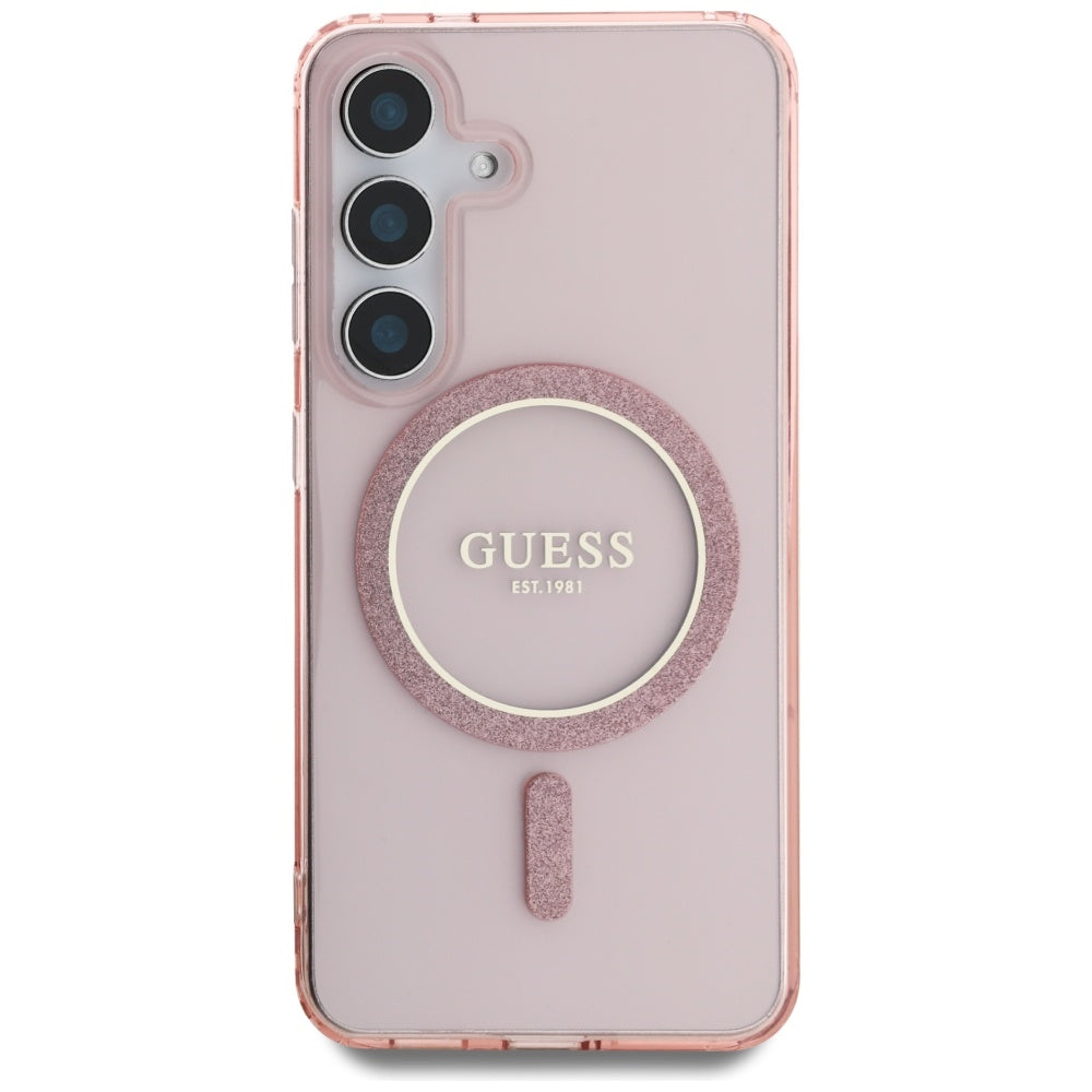 Guess Glitter Circle Classic Logo MagSafe Case til Samsung Galaxy S25 Pink