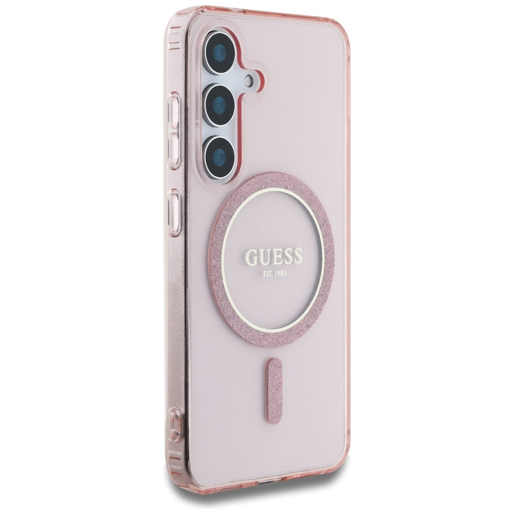 Guess Glitter Circle Classic Logo MagSafe Case til Samsung Galaxy S25 Pink