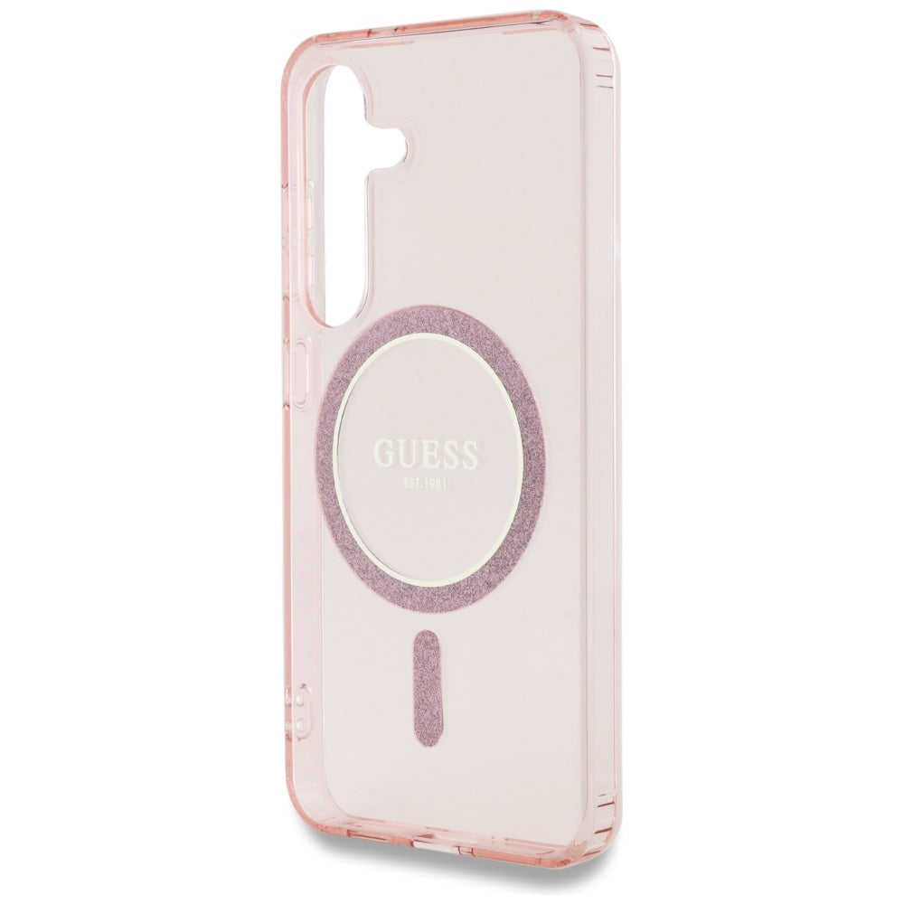 Guess Glitter Circle Classic Logo MagSafe Case til Samsung Galaxy S25 Pink