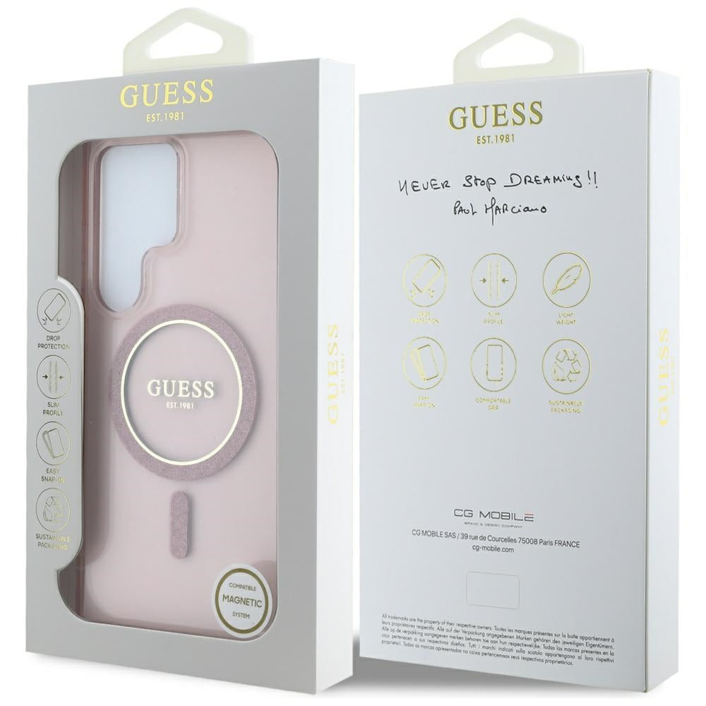 Guess Glitter Circle Classic Logo MagSafe Case til Samsung Galaxy S25 Ultra Pink