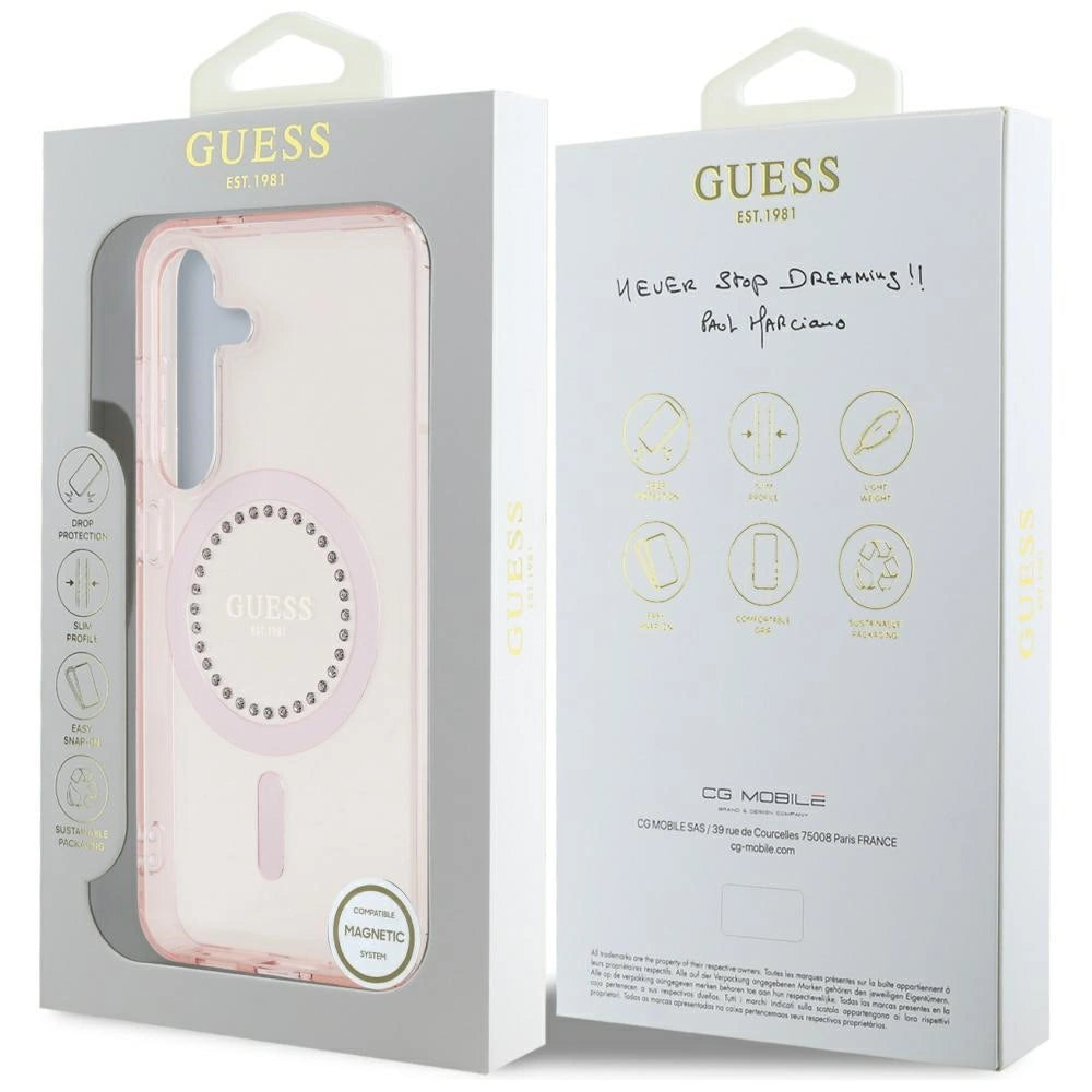 Guess Rhinestones Printed Classic Logo MagSafe Samsung Galaxy S25 Case Pink