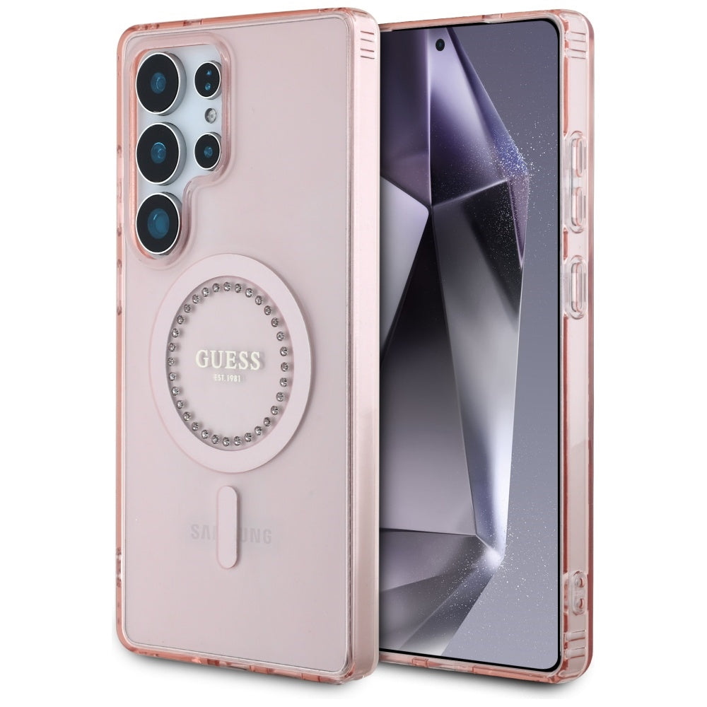 Guess Rhinestones Printed Classic Logo MagSafe Samsung Galaxy S25 Ultra Case Pink