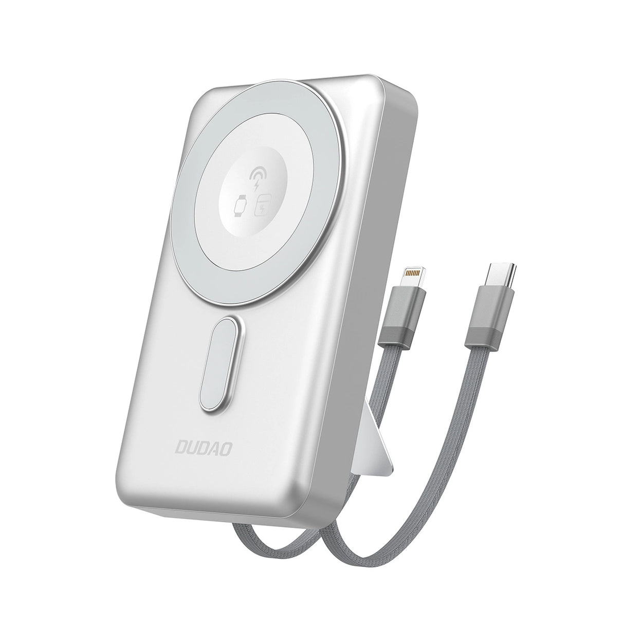 Dudao K29 10000mAh PD 20W MagSafe Powerbank med Metal Case, Stand og Indbygget USB-C / Lightning Kabler - Silver