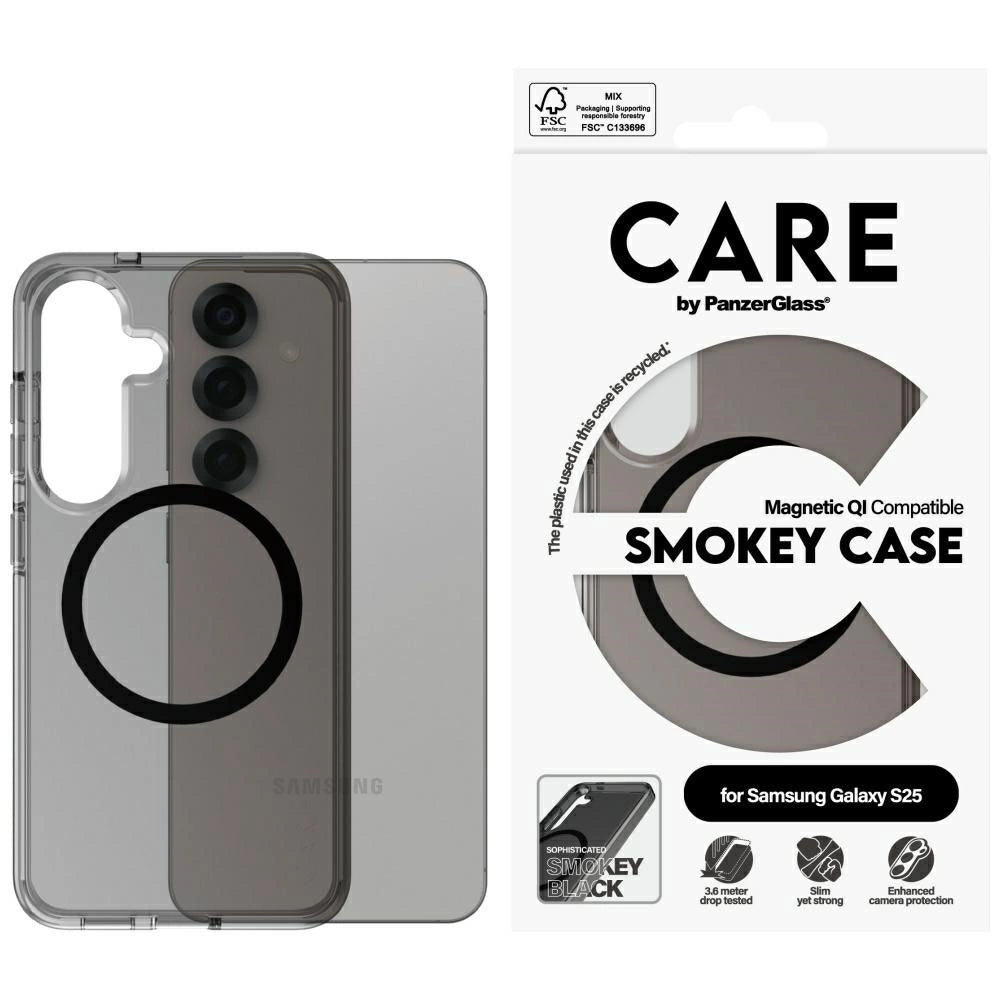 CARE af PanzerGlass Flagship Urban Combat Black QI Case til Samsung Galaxy S25 - Halvt gennemsigtig røg