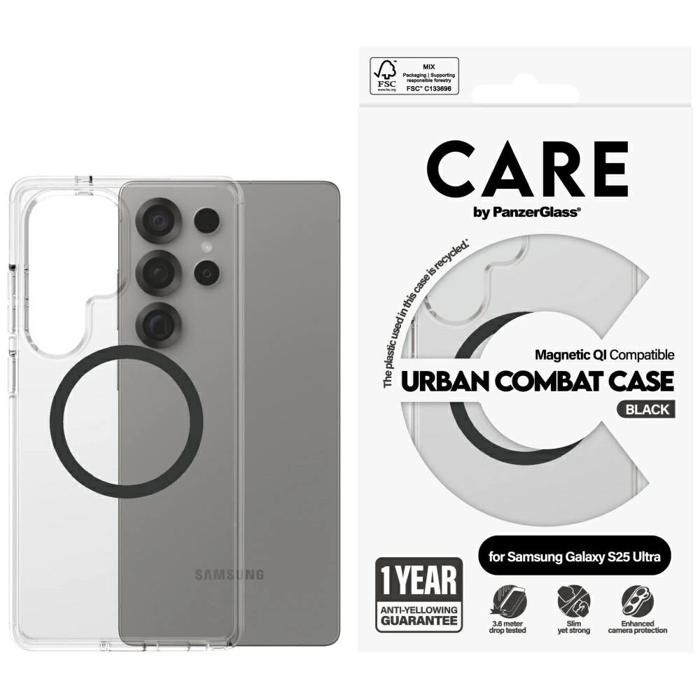 CARE af PanzerGlass Flagship Urban Combat Black QI Case til Samsung Galaxy S25 Ultra - Transparent