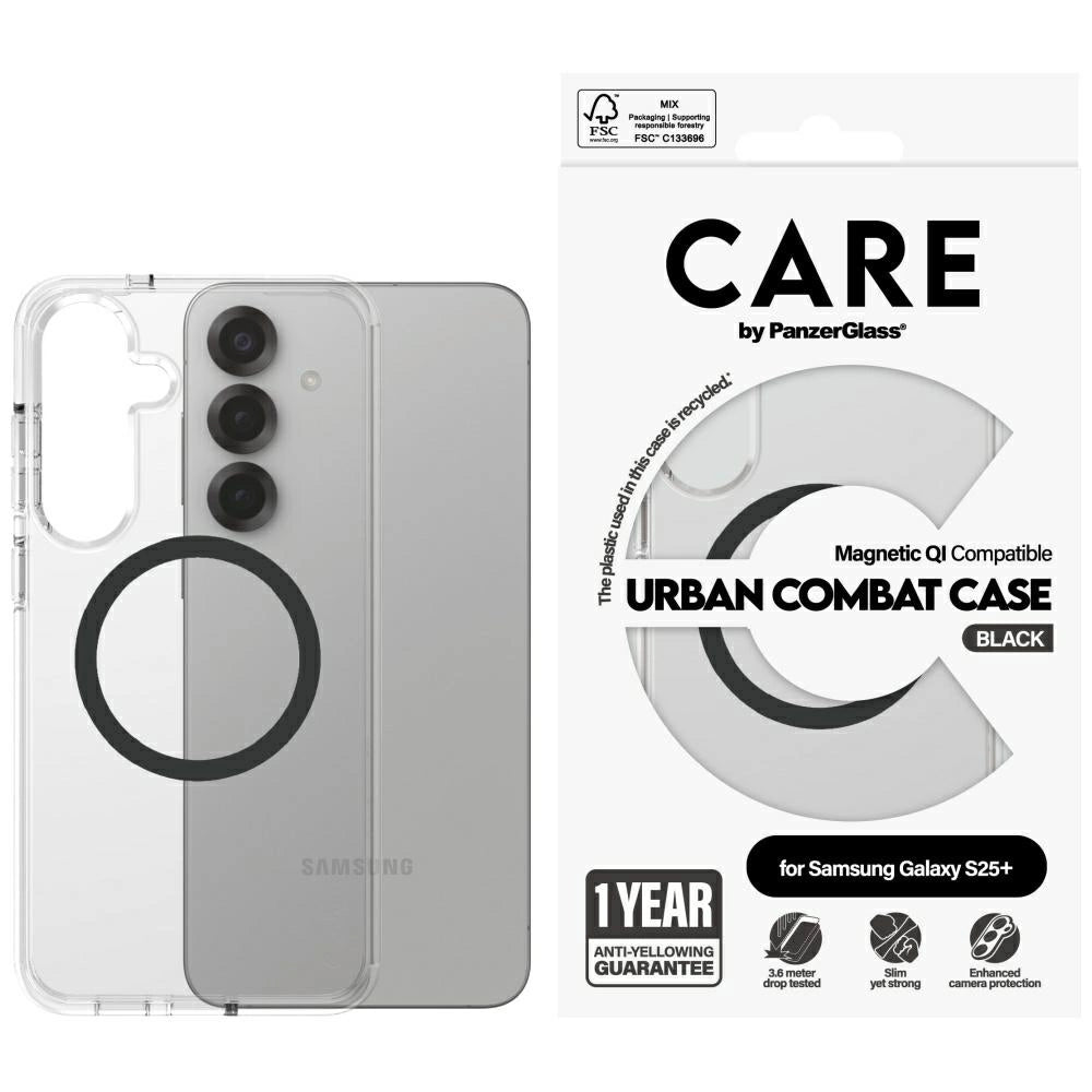 CARE af PanzerGlass Flagship Urban Combat Black QI Case til Samsung Galaxy S25+ - Gennemsigtig