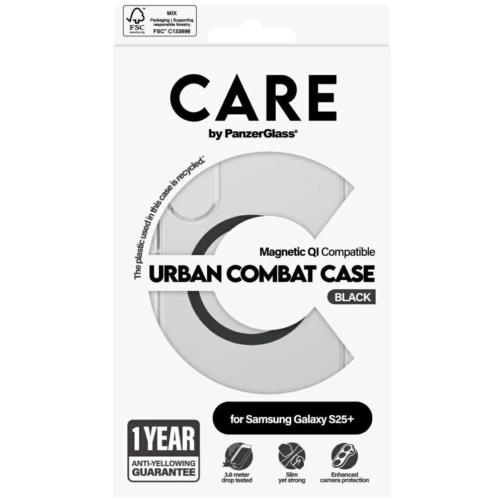 CARE af PanzerGlass Flagship Urban Combat Black QI Case til Samsung Galaxy S25+ - Gennemsigtig