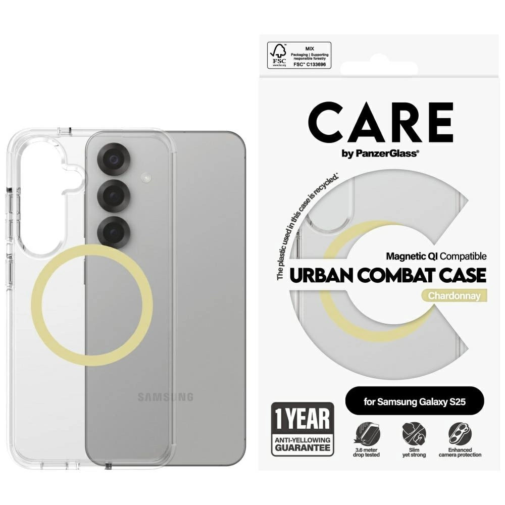 CARE af PanzerGlass Flagship Urban Combat Chardonnay QI Case til Samsung Galaxy S25 - Transparent