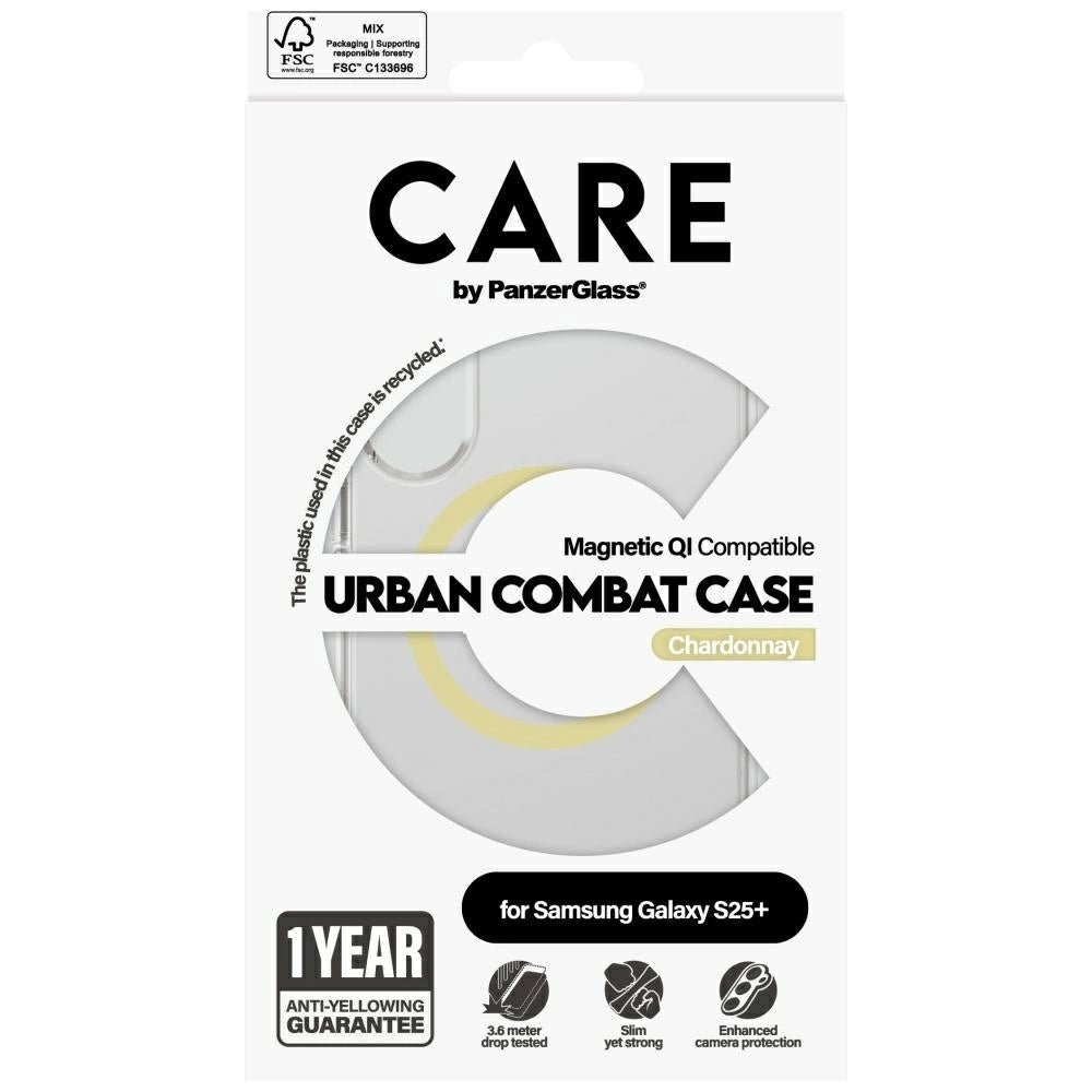 CARE af PanzerGlass Flagship Urban Combat Chardonnay QI Case til Samsung Galaxy S25+ - Gennemsigtig
