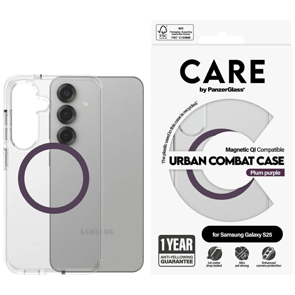 CARE af PanzerGlass Flagship Urban Combat Purple QI Case til Samsung Galaxy S25 - Transparent