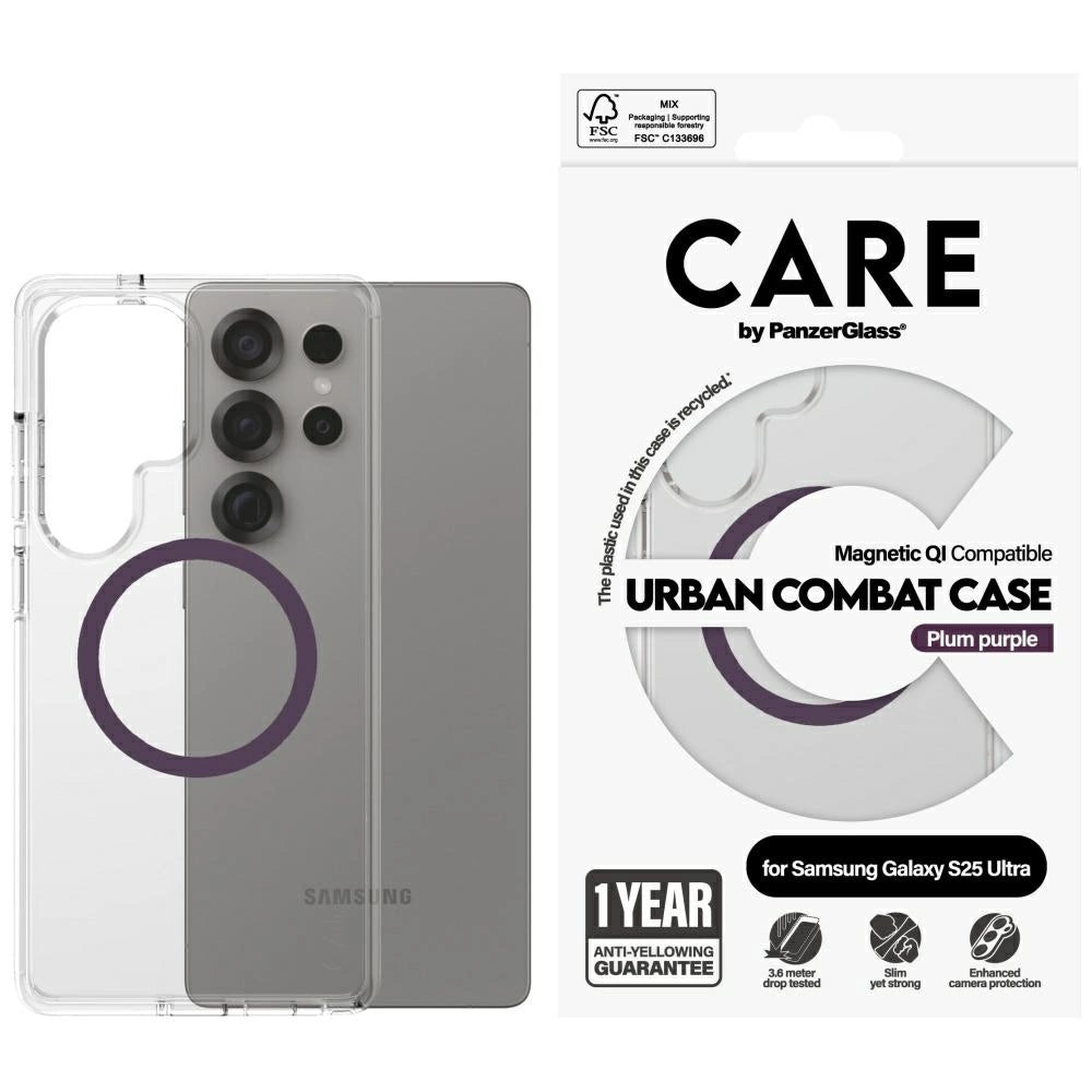 CARE af PanzerGlass Flagship Urban Combat Purple QI Case til Samsung Galaxy S25 Ultra - Transparent