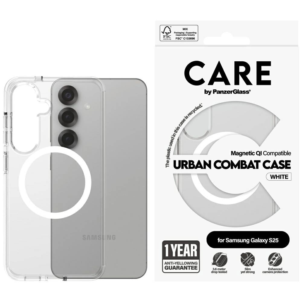 CARE af PanzerGlass Flagship Urban Combat White QI Case til Samsung Galaxy S25 - Gennemsigtig