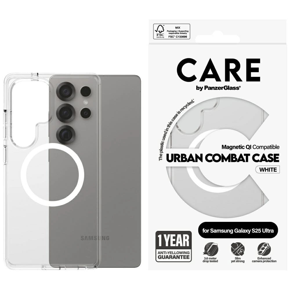CARE af PanzerGlass Flagship Urban Combat White QI Case til Samsung Galaxy S25 Ultra - Transparent