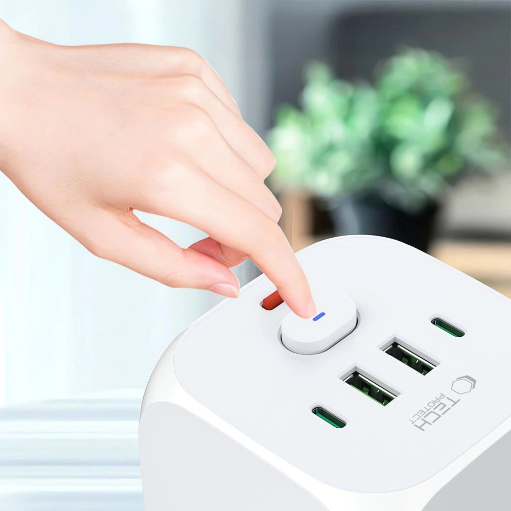 Tech-Protect PCL3x4 Power Strip, 2x USB-A, 2x USB-C, 3x AC Type Schuko - White