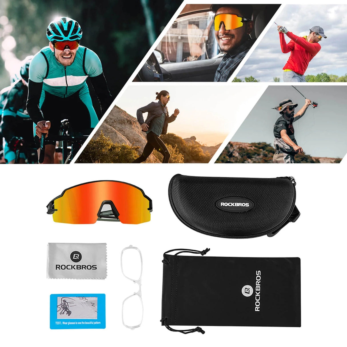 Rockbros cykelbriller fotokromisk UV-beskyttelse med korrigerende indsæt orange linser - sort