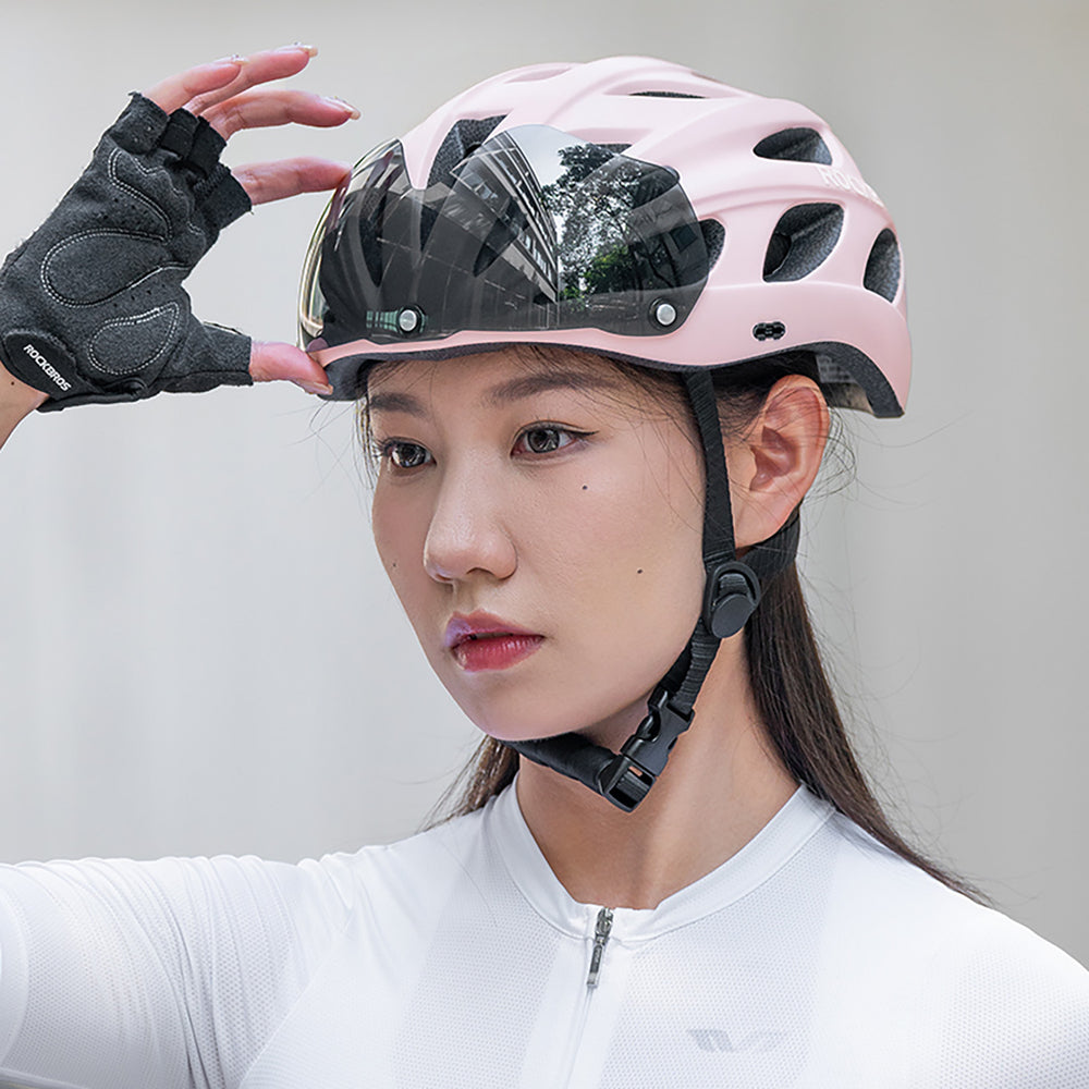 Rockbros Bike Helmet with Visor, Detachable UV Goggles, Detachable Visor, Unisex - Pink